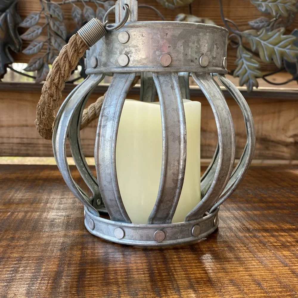 Rustic Farmhouse Galvanized Metal Crown Candle Holder Lantern with Rope Handle